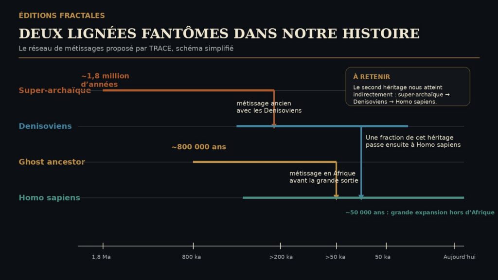 Infographie chronologique montrant les principales lignées humaines connues et les deux lignées fantômes détectées par TRACE