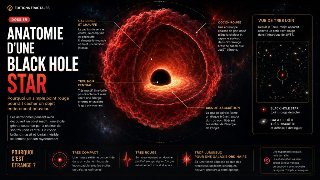 Infographie expliquant la structure d’une black hole star avec trou noir central, disque d’accrétion et cocon rouge