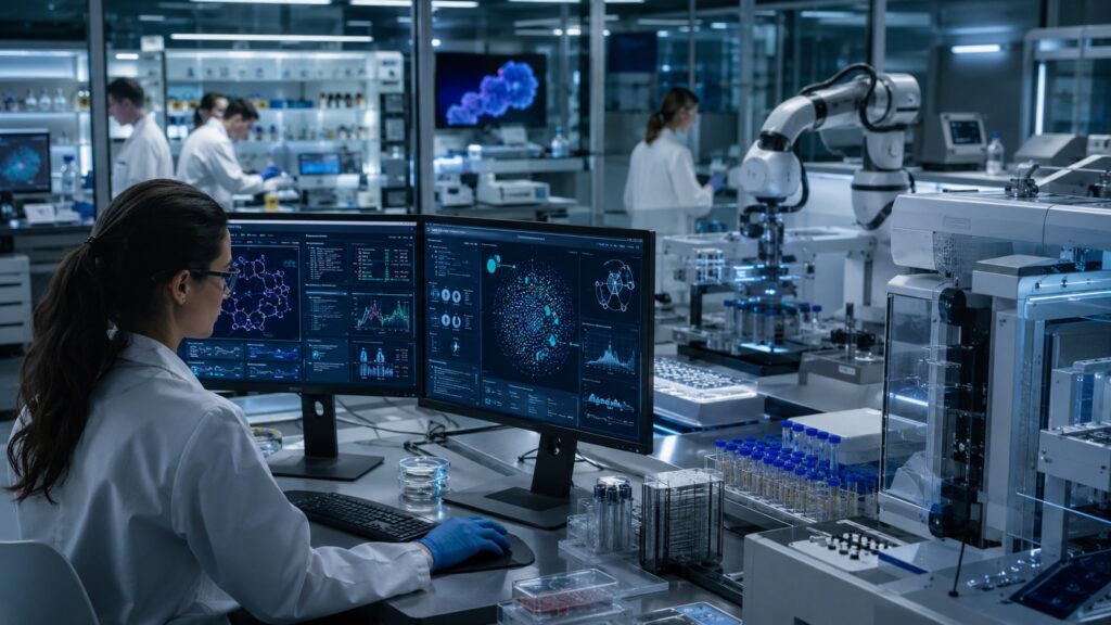 Scientifique devant des écrans pilotant un laboratoire automatisé