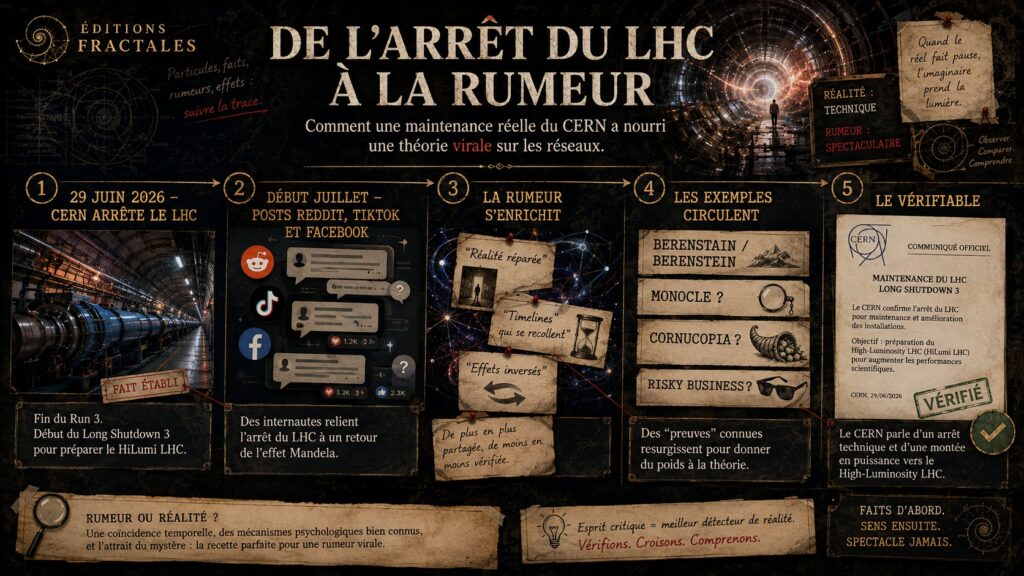 Chronologie visuelle montrant l’arrêt du LHC, la reprise des discussions en ligne et la transformation d’un fait technique en rumeur virale