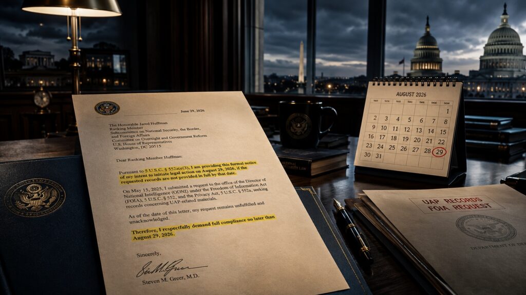 Reconstitution éditoriale d’un bureau à Washington avec une lettre, un calendrier d’août 2026 et la date du 29 mise en évidence