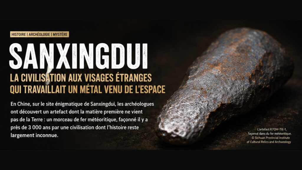 Infographie Éditions Fractales présentant les grandes dates de Sanxingdui et la découverte du fer météoritique