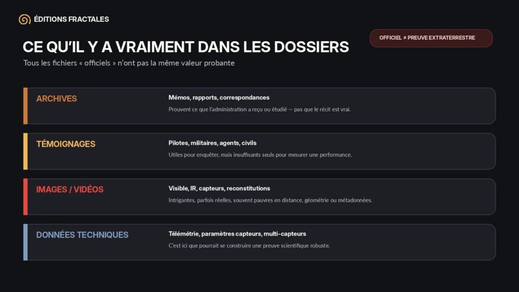 Infographie expliquant les différents types de contenus présents dans les dossiers déclassifiés UAP et ce qu’ils permettent réellement de conclure