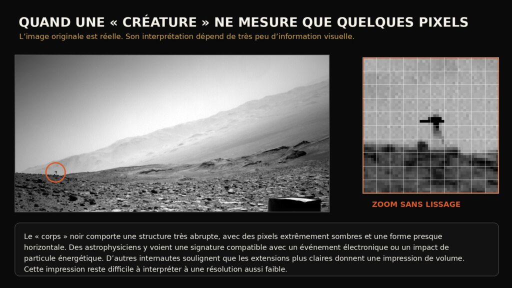Image NASA complète de Curiosity et agrandissement sans lissage de la petite anomalie sombre