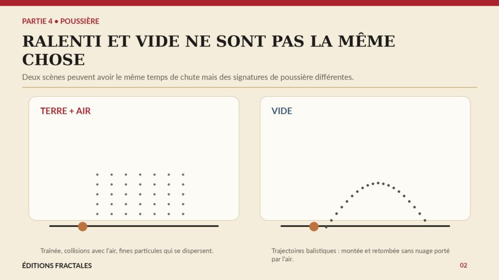 Infographie comparant une poussière dans l’air terrestre et une trajectoire balistique de poussière dans le vide