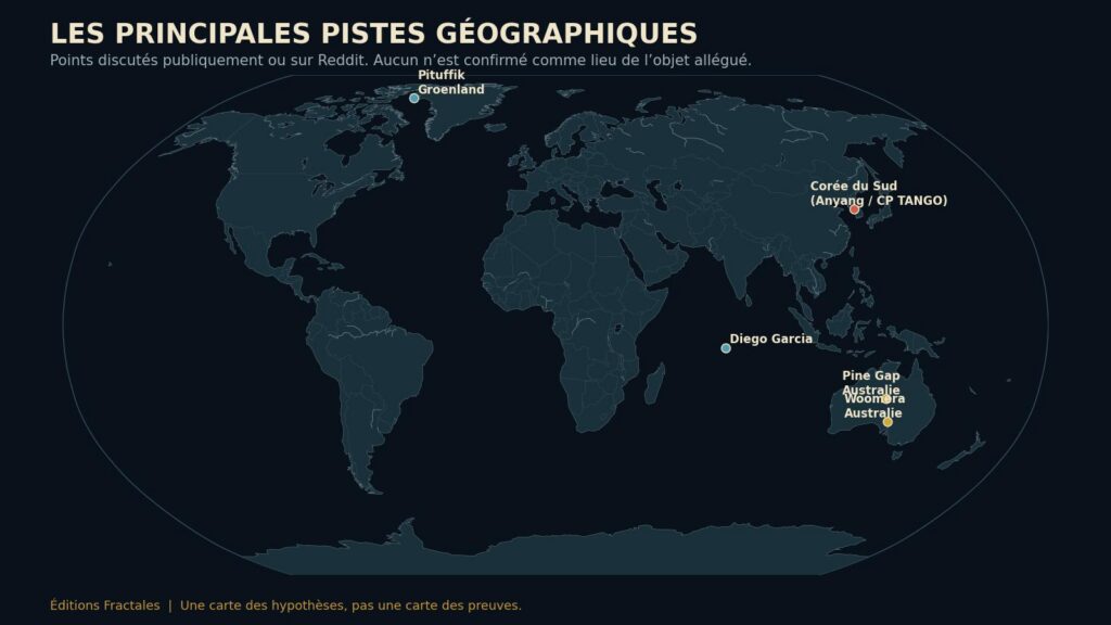 Carte mondiale montrant plusieurs sites évoqués comme candidats au prétendu UAP trop grand pour être déplacé