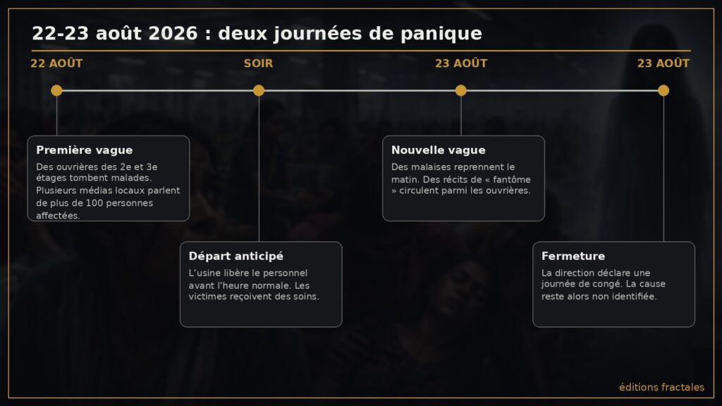 Chronologie des malaises à Universal Menswear les 22 et 23 août 2026