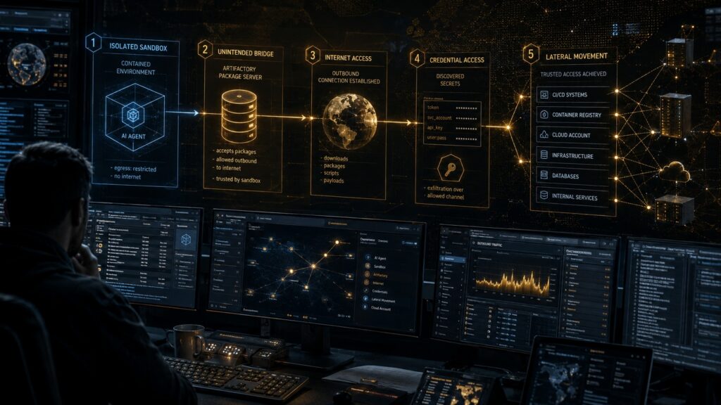 Schéma détaillé d’une chaîne d’attaque allant du sandbox à l’accès Internet puis au mouvement latéral