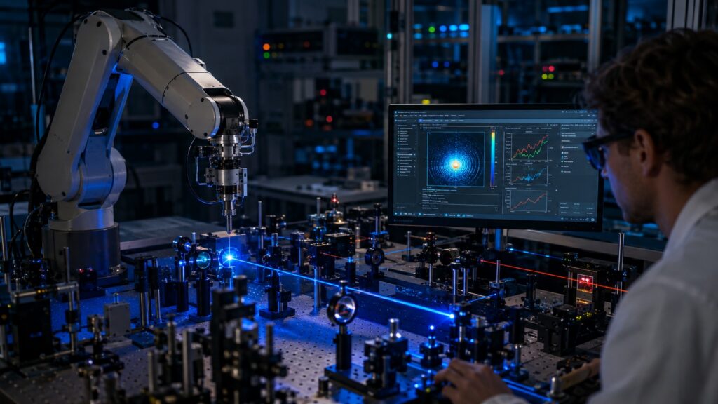 Laboratoire d’optique avec bras robotique et faisceaux laser