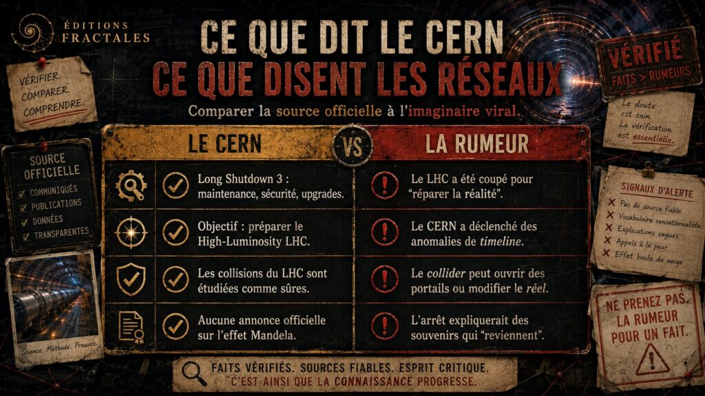 Tableau comparatif entre ce que dit officiellement le CERN et ce que racontent les réseaux sur la réparation de la réalité et les timelines