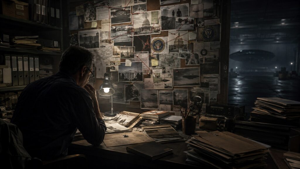 Illustration éditoriale réaliste d’un enquêteur devant un mur d’archives, de photographies et de dossiers liés aux UAP