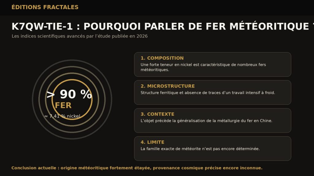 Infographie sur la composition et les indices scientifiques de l’origine météoritique de l’artefact K7QW-TIE-1