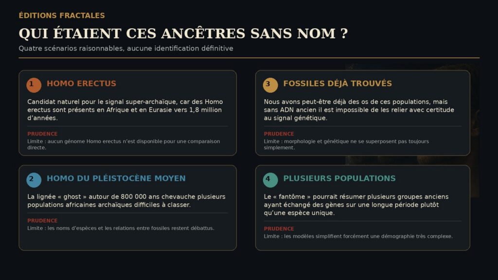 Infographie présentant plusieurs identités possibles pour les ancêtres fantômes : Homo erectus, populations africaines du Pléistocène moyen, lignées déjà fossilisées mais non identifiées, ou groupes encore inconnus