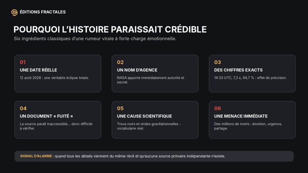 Infographie expliquant six ingrédients qui ont rendu la rumeur Project Anchor crédible et virale
