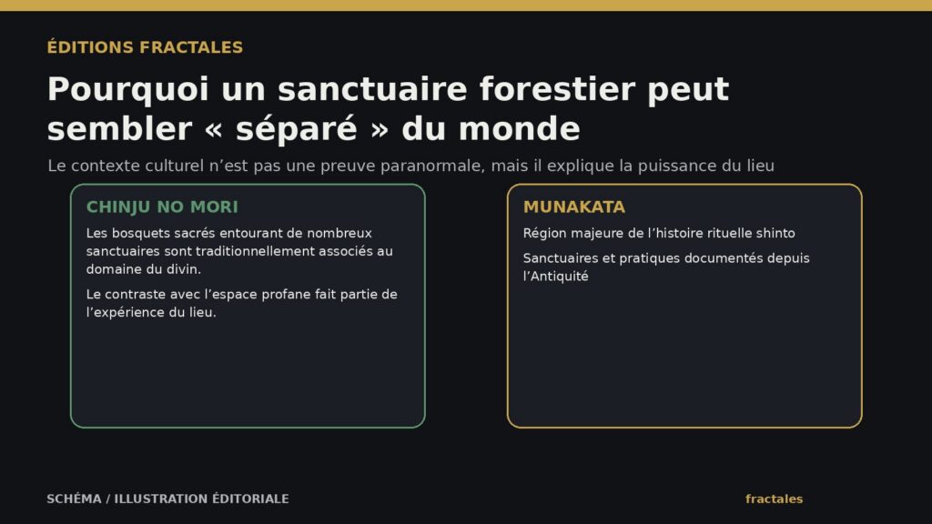 Infographie sur les bosquets sacrés shinto et le contexte religieux de Munakata