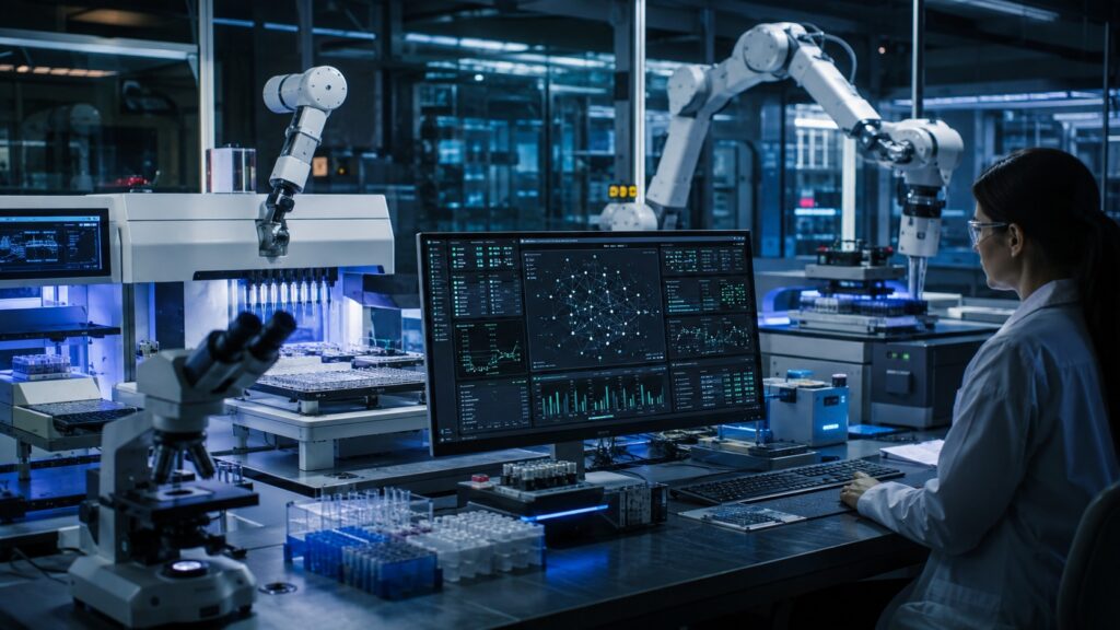 Chercheuse surveillant un réseau de robots et d’instruments de laboratoire