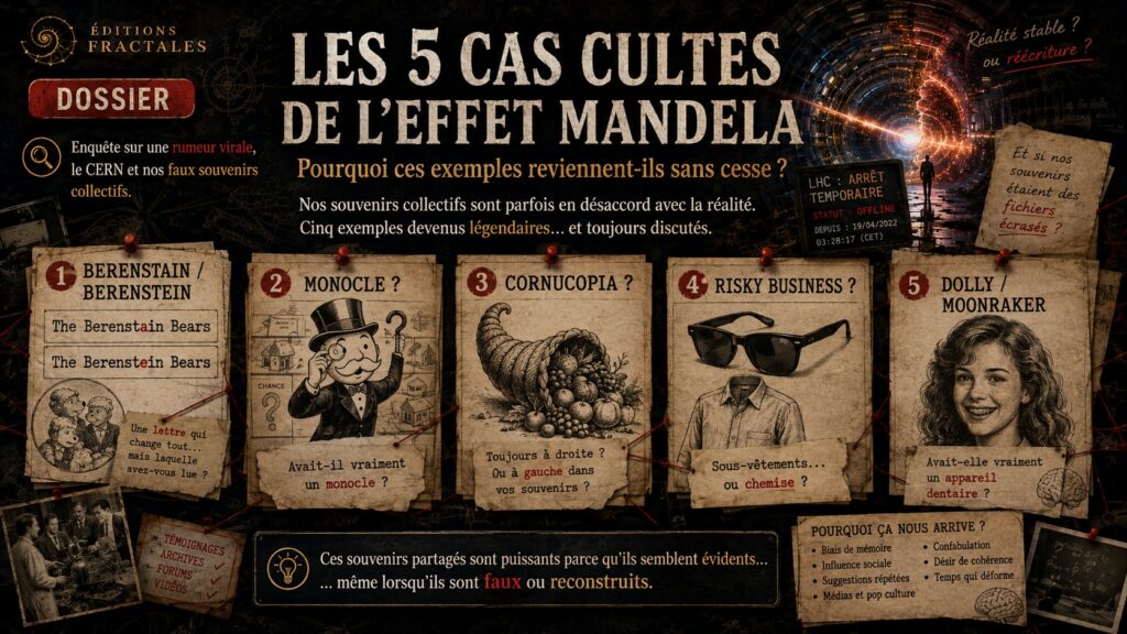 Infographie présentant cinq cas cultes de l’effet Mandela sous forme de cartes de dossier