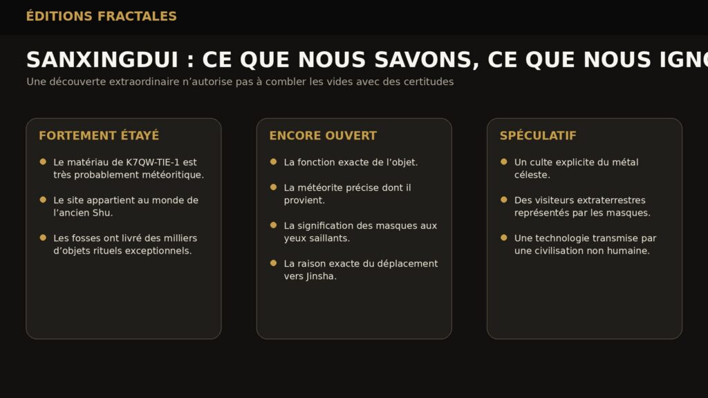 Infographie distinguant ce qui est établi, probable, inconnu et spéculatif dans le dossier du fer météoritique de Sanxingdui