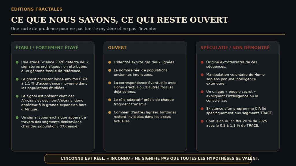 Infographie classant les éléments du dossier des ancêtres fantômes en établi, fortement étayé, ouvert et spéculatif