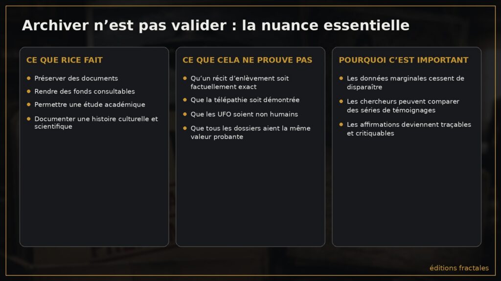 Infographie expliquant pourquoi archiver un témoignage paranormal ne revient pas à le valider