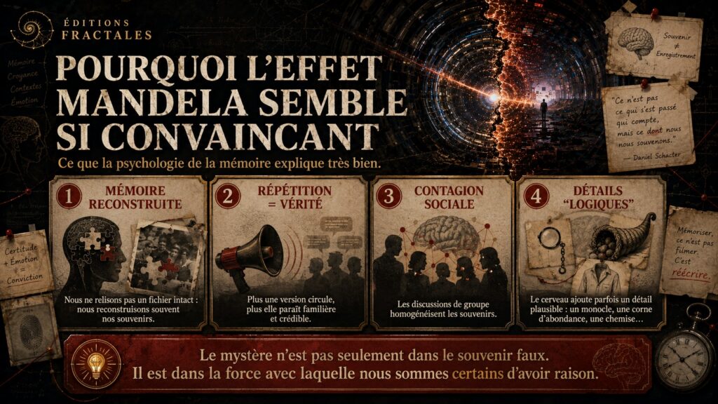 Infographie sur les mécanismes psychologiques qui rendent l’effet Mandela convaincant : mémoire reconstruite, répétition, contagion sociale et détails logiques