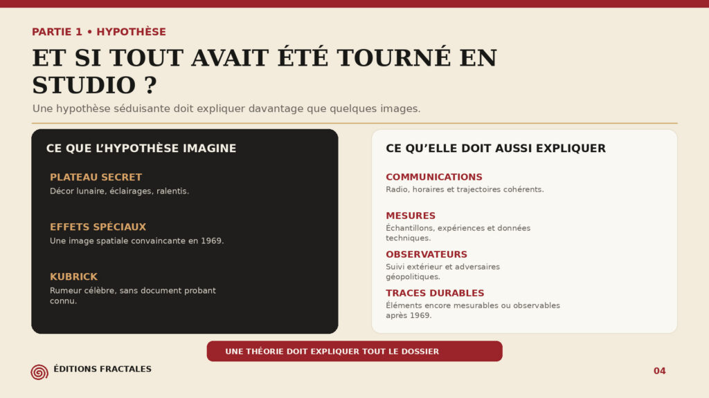 Infographie dossier comparant l’hypothèse d’un tournage en studio avec les éléments qu’une fraude Apollo devrait reproduire