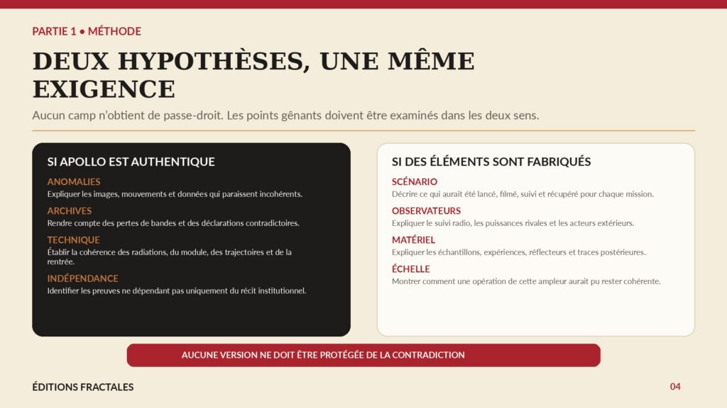 Infographie équilibrée montrant que les hypothèses Apollo authentique et Apollo fabriqué doivent toutes deux expliquer les éléments gênants du dossier