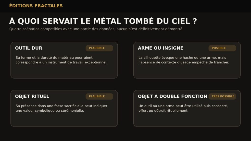 Infographie présentant quatre hypothèses sur la fonction de l’artefact météoritique de Sanxingdui