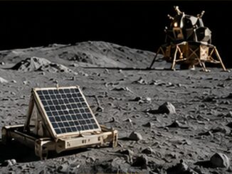 Vignette photoréaliste montrant un module lunaire et un astronaute sur un décor évoquant une scène d’essai ou de tournage