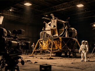 Vignette photoréaliste évoquant un tournage en studio du module lunaire et des astronautes