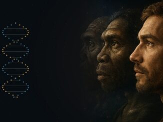 Reconstitution artistique de plusieurs humanités archaïques derrière un Homo sapiens moderne, accompagnées d'une double hélice d'ADN