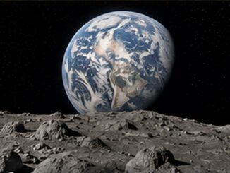 Vignette photoréaliste montrant la Terre au-dessus du paysage lunaire