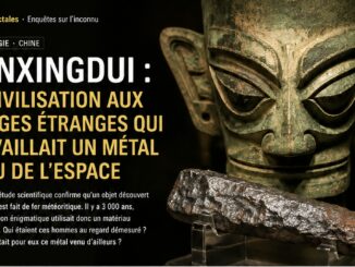 Masque monumental de Sanxingdui et artefact en fer météoritique, visuel éditorial du dossier Éditions Fractales