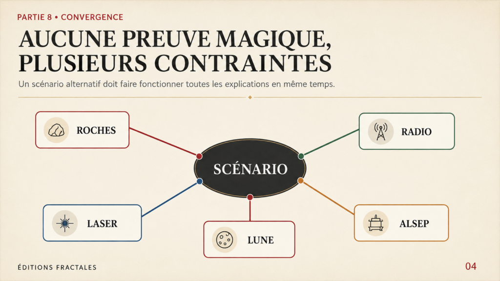 Infographie de convergence montrant roches, réflecteurs, radio, expériences et images modernes autour de l’hypothèse Apollo