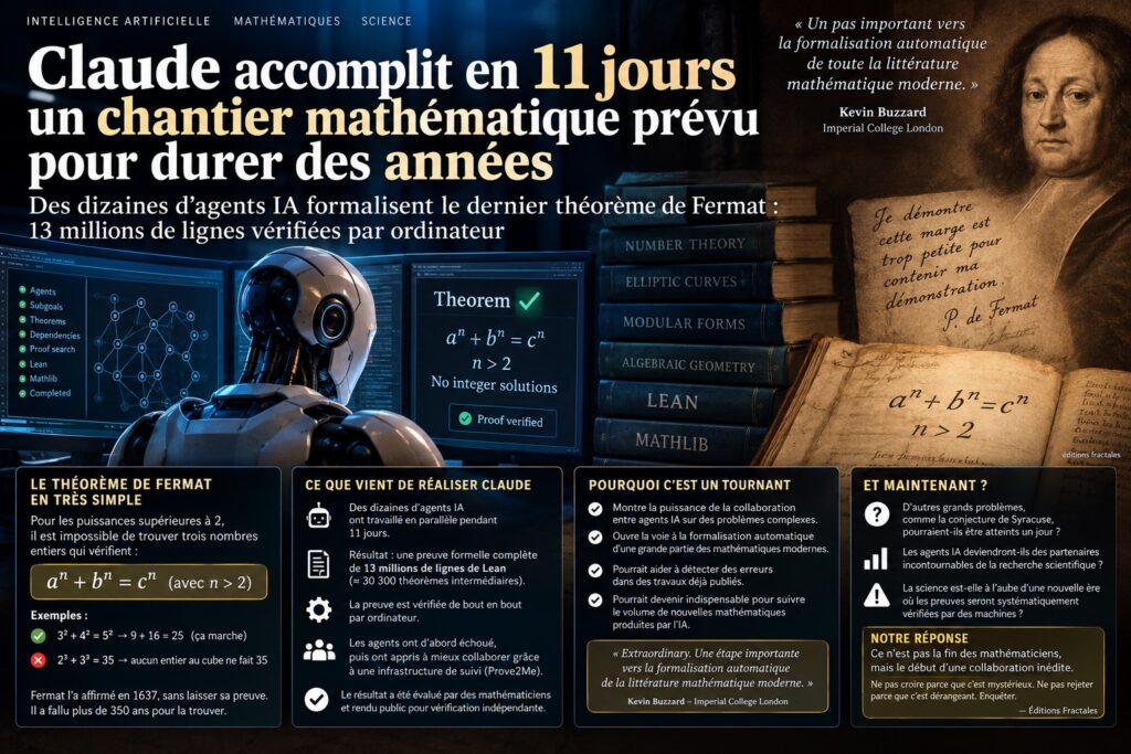 Infographie éditoriale expliquant simplement le dernier théorème de Fermat et le travail de Claude