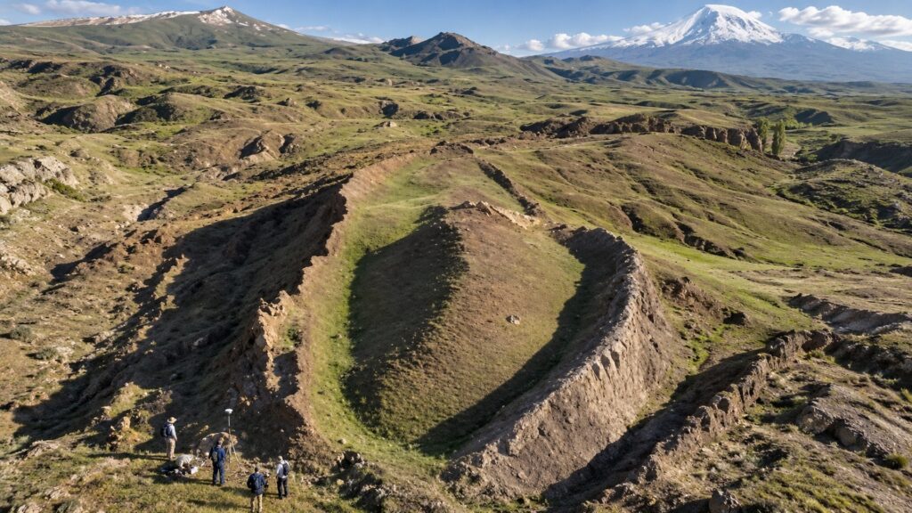 Vue aérienne photo-réaliste de la formation de Durupınar dans son environnement montagneux