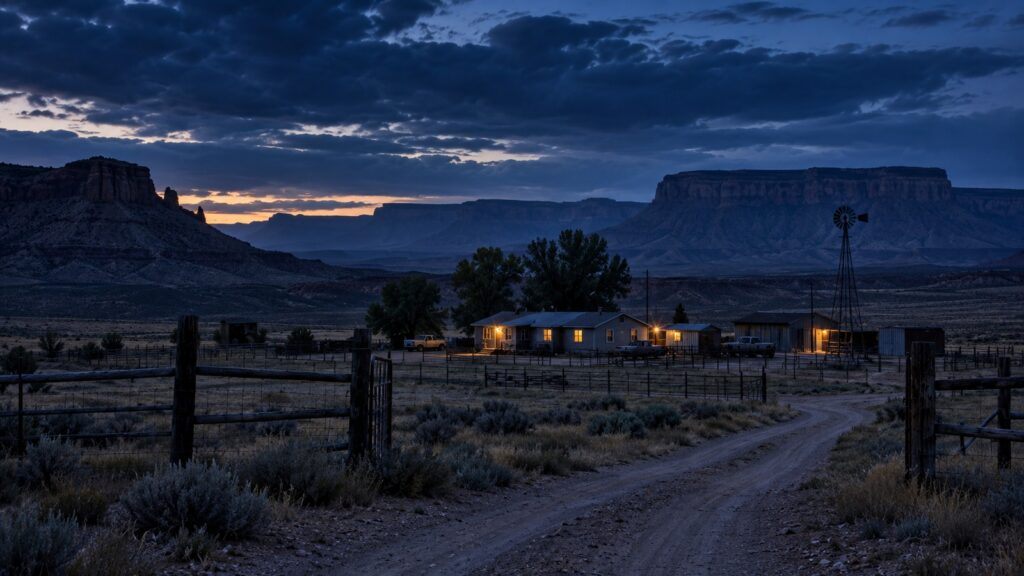 Entrée isolée d’un ranch de l’Utah au crépuscule