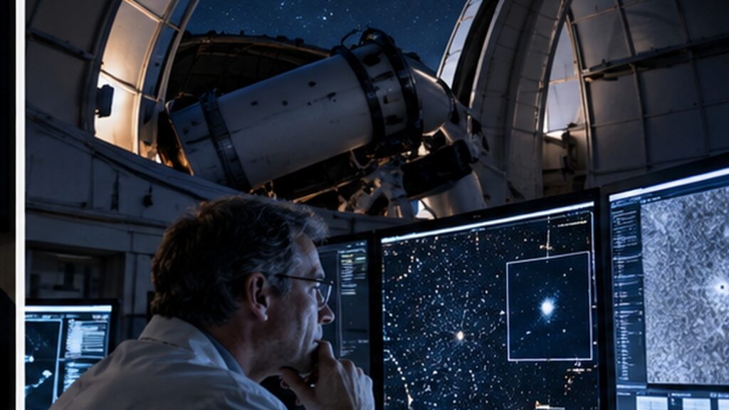 Chercheur dans un observatoire analysant des données astronomiques sur plusieurs écrans