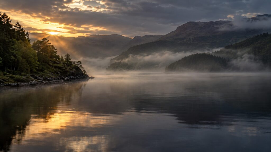 Loch écossais plongé dans la brume au lever du soleil