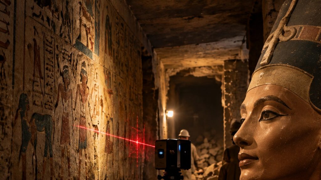 Scanner archéologique devant une paroi de tombe égyptienne et portrait royal