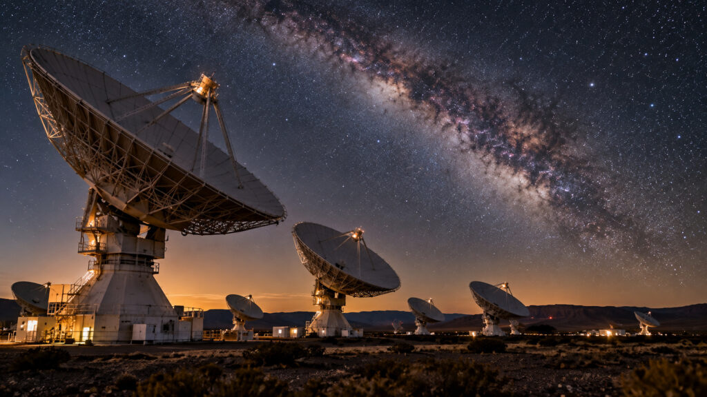 Réseau de radiotélescopes sous un ciel étoilé
