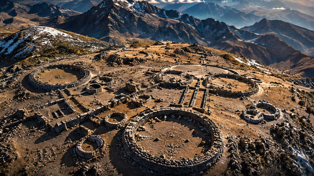 Vue aérienne cinématographique d’un ensemble de grands cercles de pierre sur un plateau des Andes