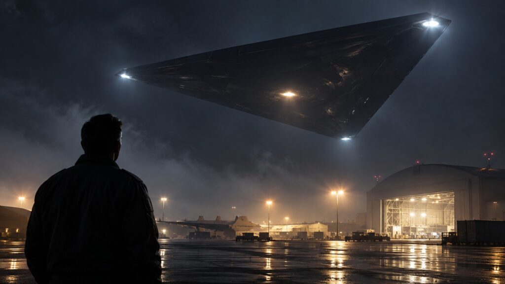 Silhouette d’un témoin observant un immense triangle sombre au-dessus d’une base aérienne de nuit