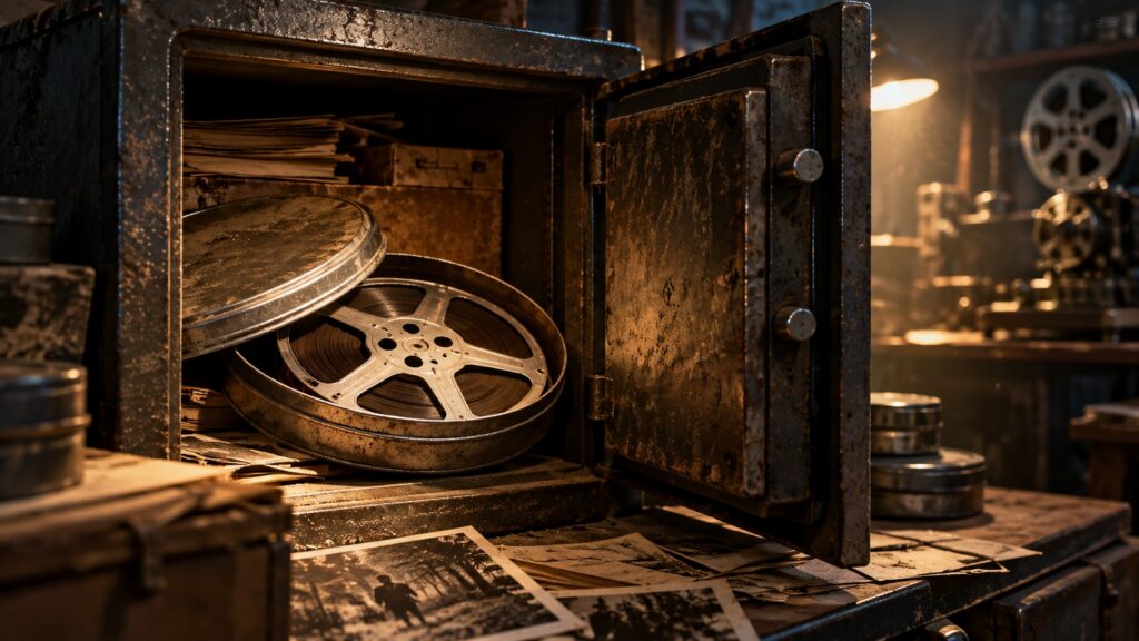 Vieille bobine 16 mm retrouvée dans un coffre métallique poussiéreux