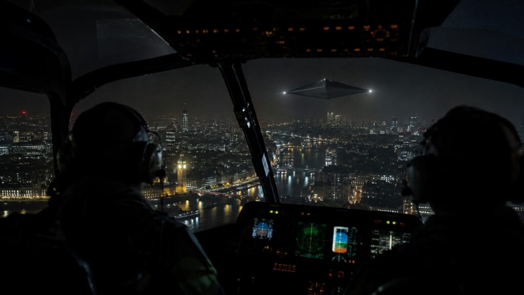Vue réaliste depuis un cockpit d’hélicoptère au-dessus de Londres la nuit, avec un objet sombre dans le ciel