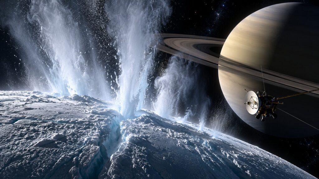 Sonde spatiale survolant les geysers d’une lune glacée avec Saturne en arrière-plan
