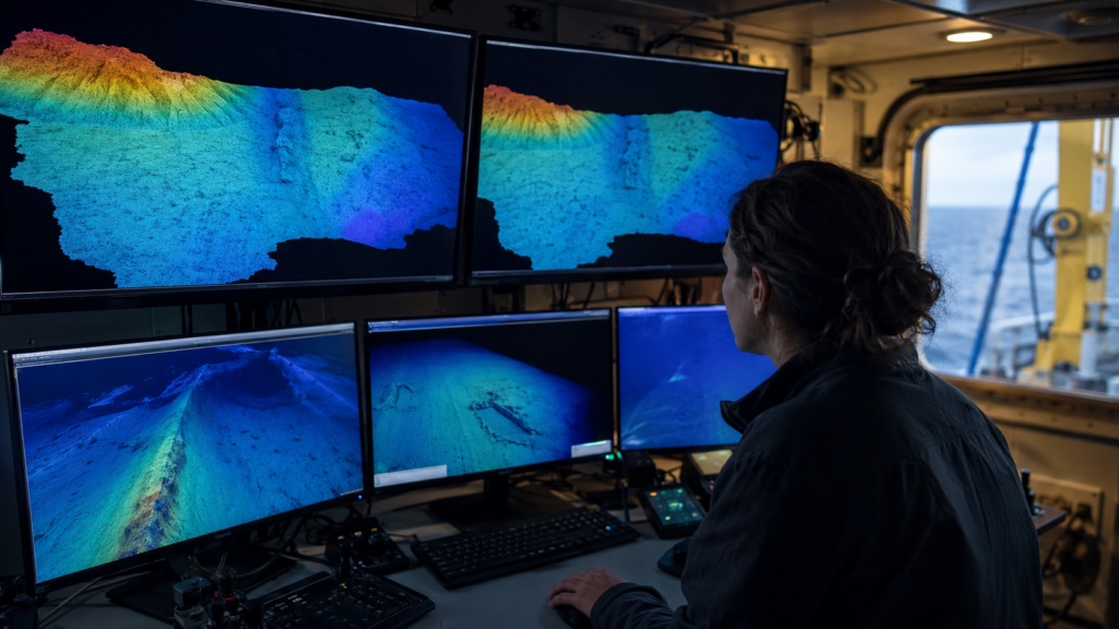 Analyse bathymétrique et sonar à bord d’un navire de recherche