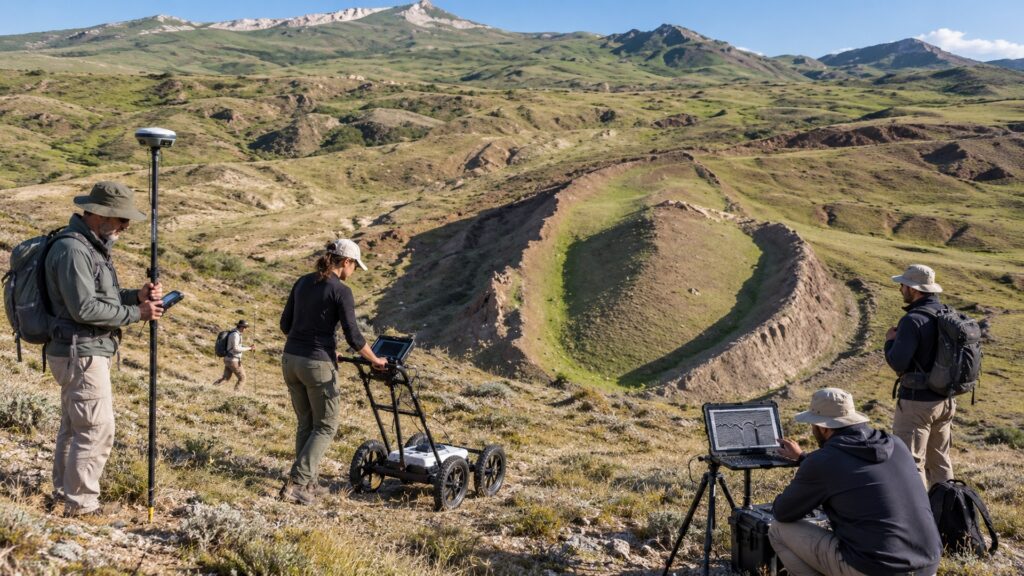 Équipe de recherche utilisant un radar pénétrant le sol près d’une formation rocheuse en Turquie