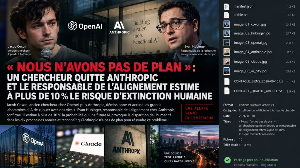 Illustration éditoriale réaliste d’un laboratoire d’IA et d’un avertissement sur l’alignement