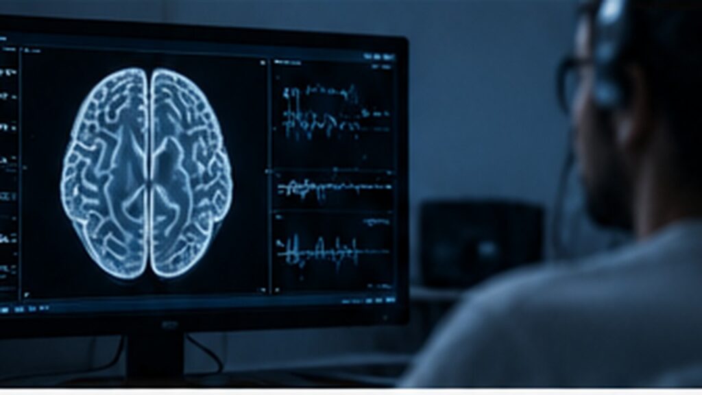 Chercheur examinant une imagerie cérébrale sur un grand écran dans un laboratoire sombre